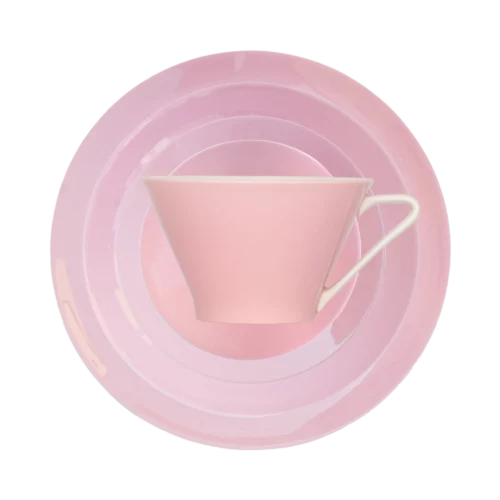 Produktbild von 5-teiligem DAISY Melange Serviceset in rosa, Teller Ansicht von oben, Tasse seitliche Ansicht